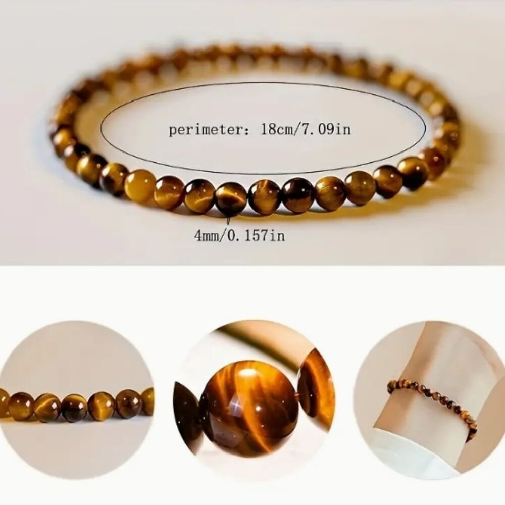 NEW Elegant, Boho Chic, 4mm Genuine Tiger's Eye Semi-Precious Stone Bracelet.